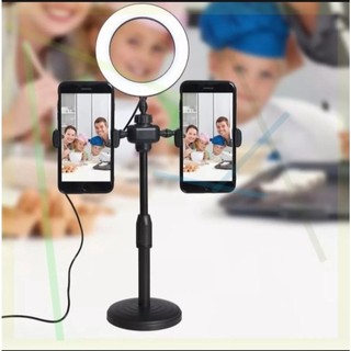Đèn Led Livestream Tích Hợp 2 Giá Đỡ Điện Thoại H399. Đèn Livestream để bàn, Tích Hợp Giá Đỡ 2 Điện Thoại Có 3 Chế