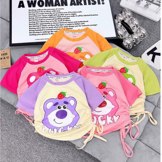 Áo croptop bé gái hoạ tiết gấu dâu chất cotton bé gái, áo thun cho bé gái dây rút, áo phông bé gái