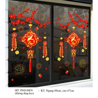 Decal trang trí, hình dán trang trí tết lồng đèn hoa đào