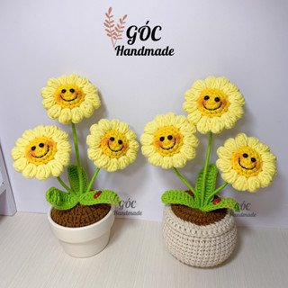 Chậu hoa hướng dương mặt cười bằng len (3 bông)