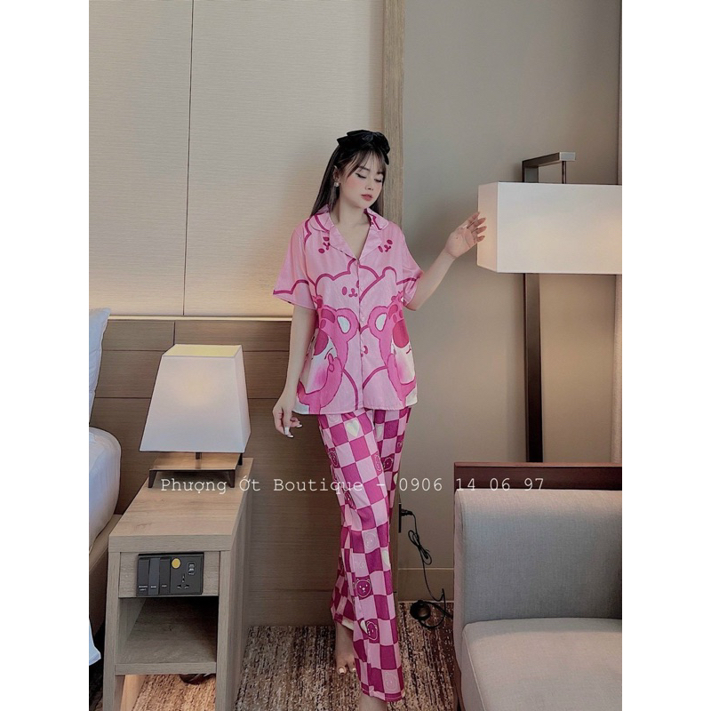 Đồ bộ pyjama gấu dâu sọc caro