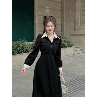 Đầm Xoè cổ SƠ MI rút DÂY EO phối cổ và tay Cực xinh phong cách thời trang 2024