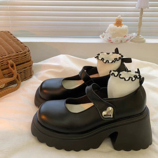 Giày Lolita Nữ Mary Quai TRÁI TIM dán tiện lợi Thời Trang Phối Nơ Màu Đen/Kem Hot Mới Học Sinh Đi Chơi Xinh Đẹp