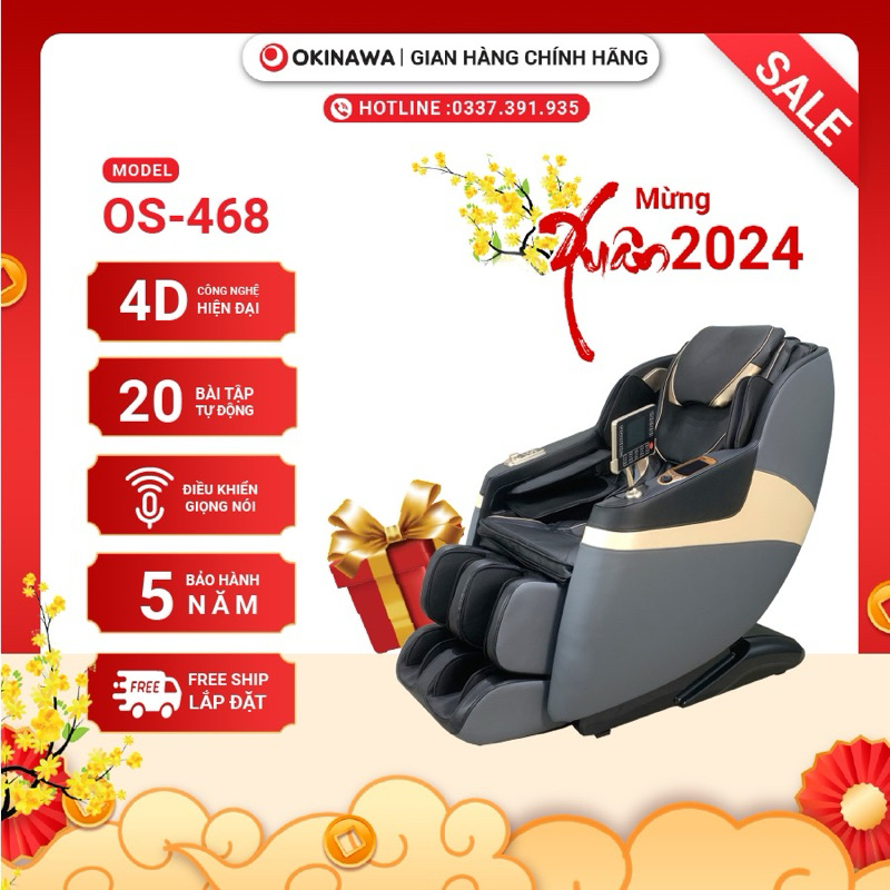 Ghế massage toàn thân Okinawa Os-468 4D, 18 bài tập, điều kiển bằng giọng