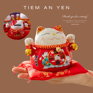 Mô hình Mèo thần tài sứ Maneki Neko đeo chuông Tiệm An Yên bình an, may mắn, trang trí, quà tặng, để bàn làm việc