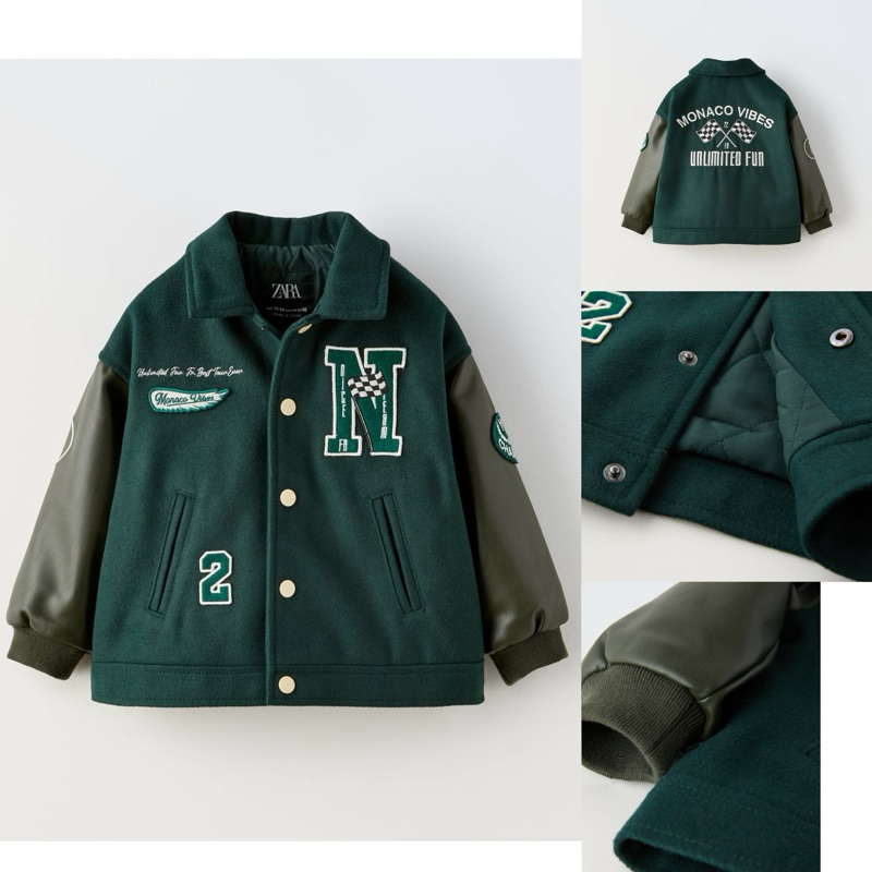 Áo bomber XANH bé trai tay phối da chữ N