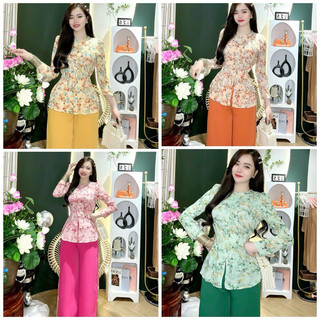 Bộ bà ba tay dài in hoa 3D