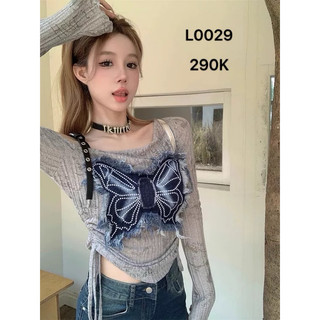 ( hàng có sẵn ) Áo thun tay dài phối họa tiết denim cực xinh L0029( hàng Quảng Châu)