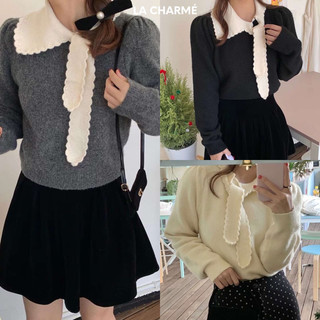 𝗟𝗔 𝗖𝗛𝗔𝗥𝗠𝗘́ |áo len cổ buộc nơ sóng lệch 5503 vivi's type