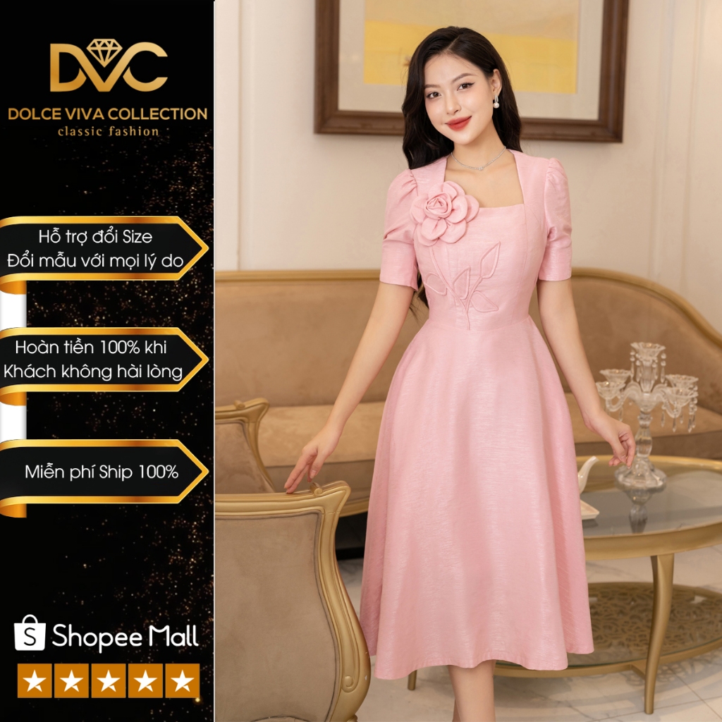 VÁY ĐẦM THIẾT KẾ CAO CẤP, VÁY HỒNG CỔ VUÔNG ĐÍNH HOA NỔI V4242- DVC