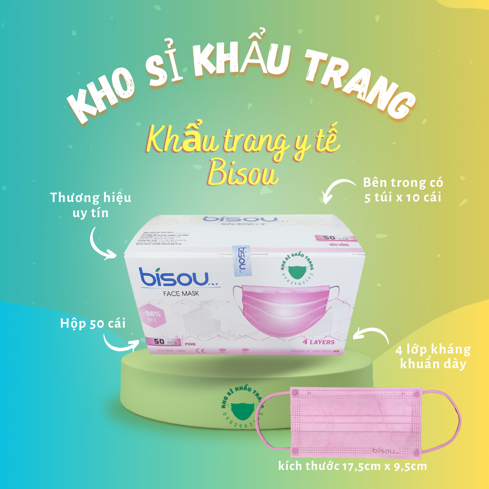 Khẩu trang y tế Bisou kháng khuẩn 4 lớp dày hộp 50 cái
