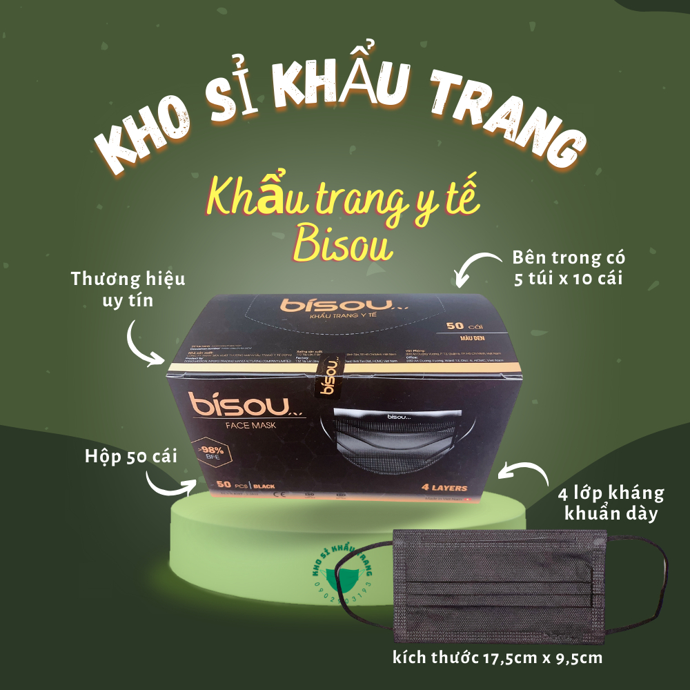 Khẩu trang y tế Bisou kháng khuẩn 4 lớp dày hộp 50 cái