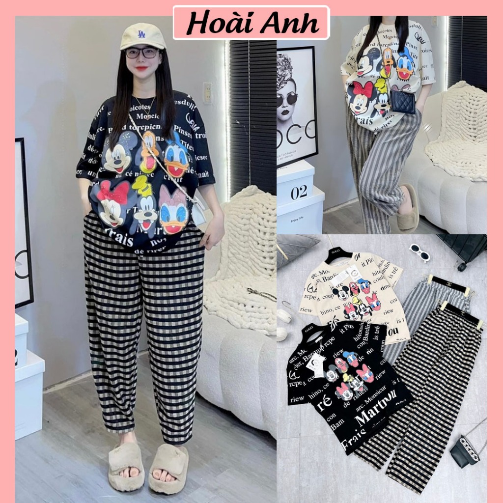 Set Bộ Đồ Nữ Áo Phông Chữ In Hoạt Hình Mickey Donal Ngắn Tay Mix Quần Dài Kẻ Dạ Freesize