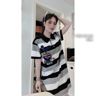 Đầm suông sọc ngực phối hình thỏ, đầm suông cổ bẻ tay ngắn VIENS STORE