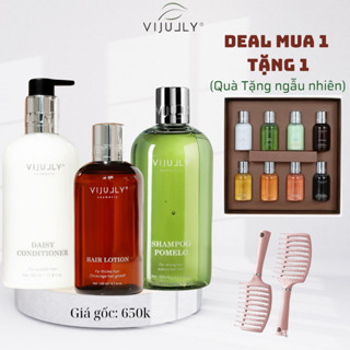 Combo Vijully Tinh Dầu Bưởi Dưỡng tóc dày và dài, Dầu Gội Pomelo, Kem xả Dừa Dưỡng tóc suôn mượt