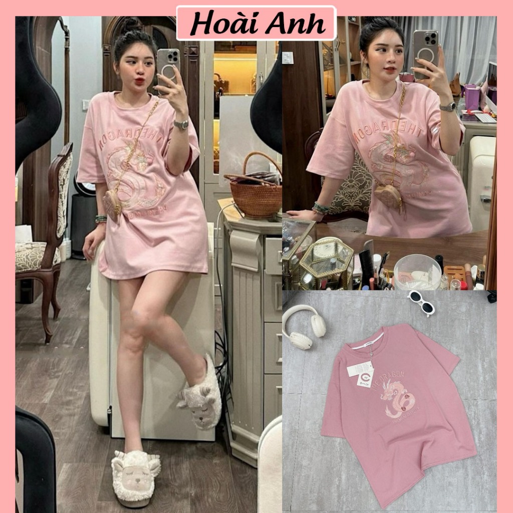 Áo Phông Nữ Màu Hồng Thêu Rồng Đáp Nổi Ngắn Tay Áo Thun Nữ Freesize