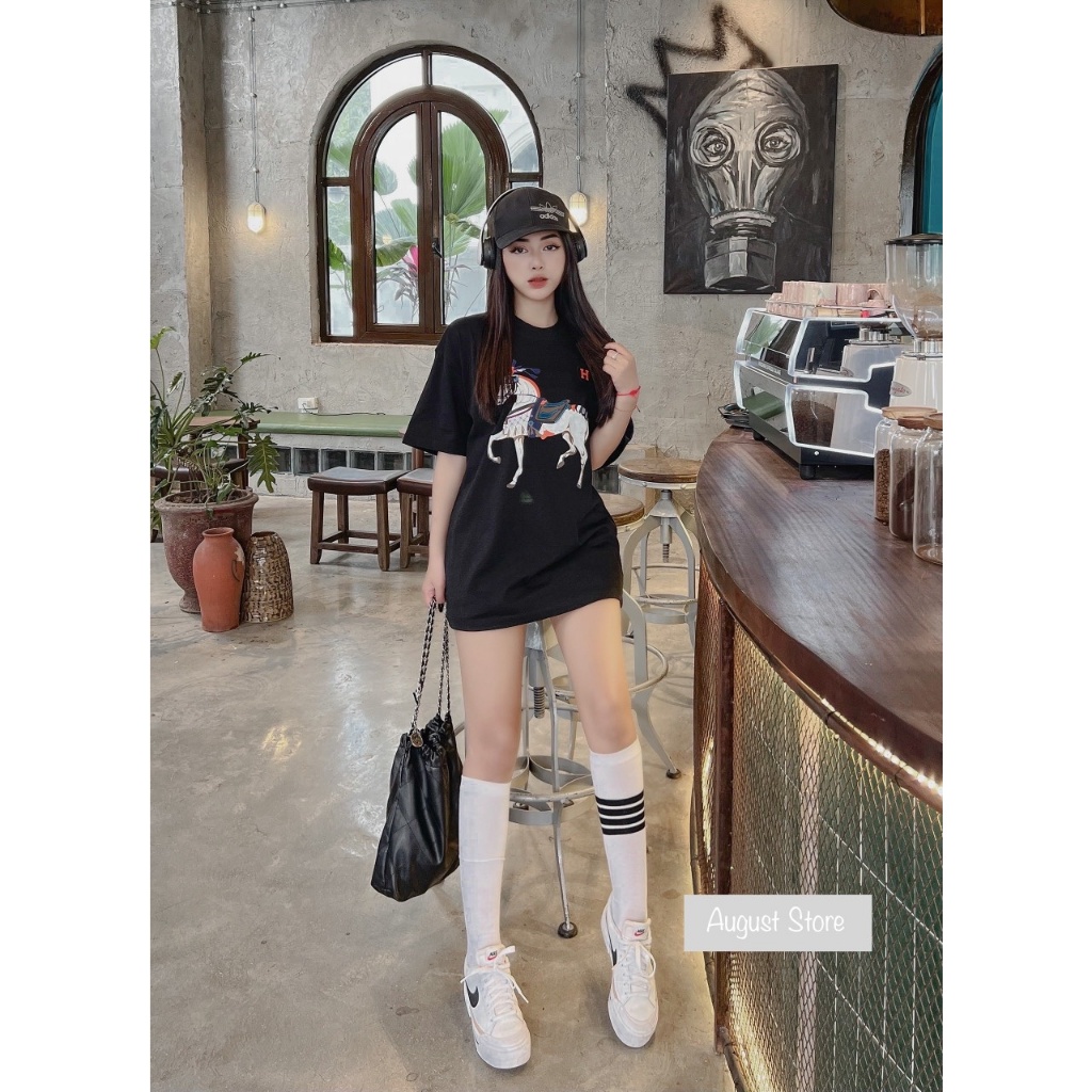 Áo Phông HM Thun Cộc Tay Họa Tiết Ngựa Form Rộng Giấu Quần Trùm Mông Freesize
