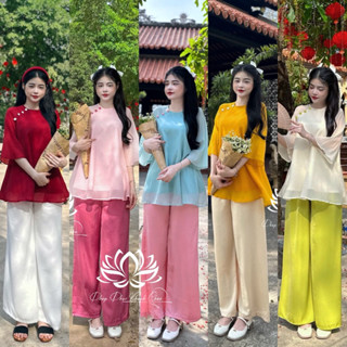 [FREESHIP-Hình Độc Quyền] SET ÁO TƠ XOÈ ĐÍNH NÚT BỌC MẶC TẾT, ĐI CHÙA