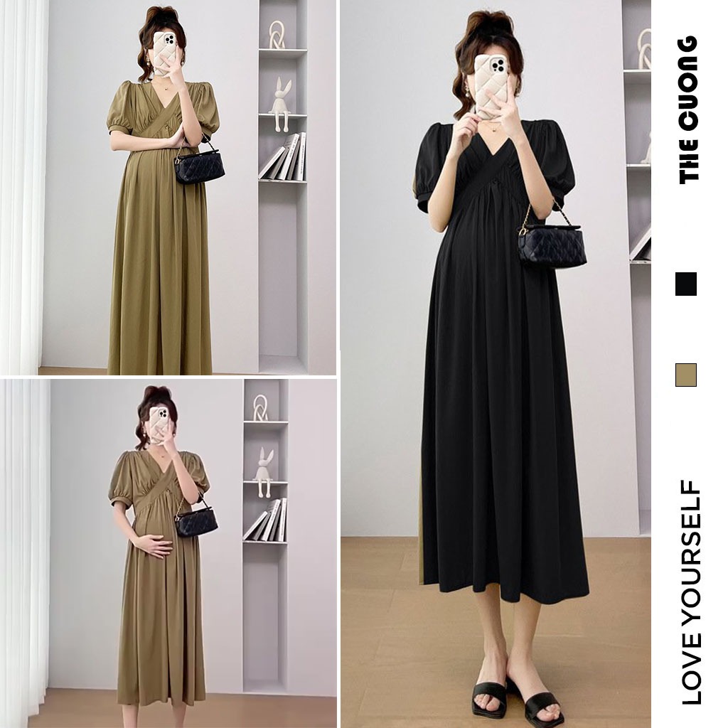 ĐẦM BẦU MAXI C8711 2 VẠT CHÉO TRƯỚC NGỰC CHÂN XẾP LY SUÔNG DÁNG DÀI THANH LỊCH - VÁY BẦU CÔNG SỞ DỰ TIỆC SANG CHẢNH