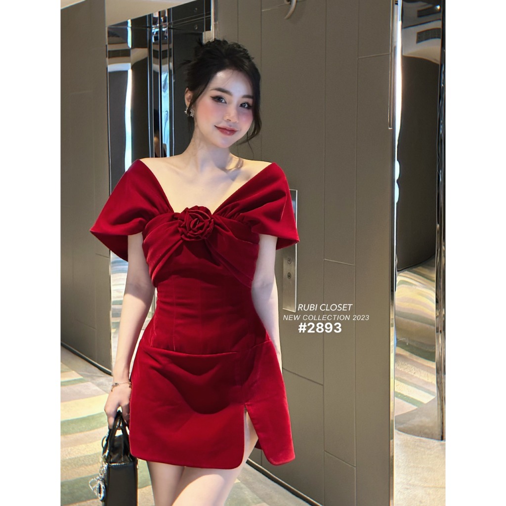 Váy nhung xẻ trễ vai hoa ngực L1 chuẩn Linh Hoàng