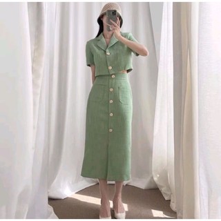 Set dạ xanh mint chân váy dài