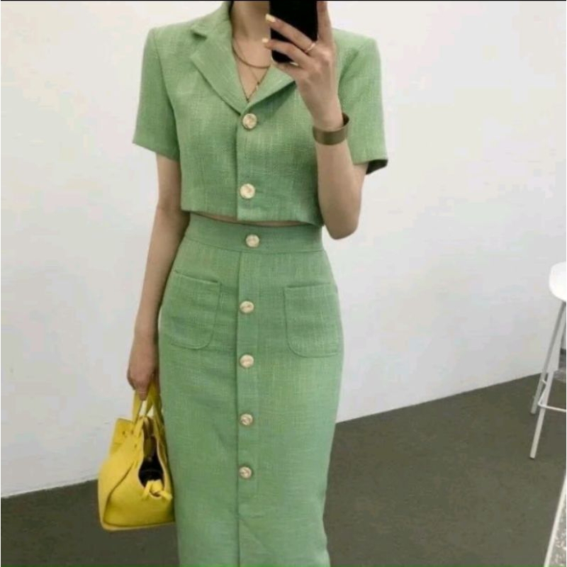 Set dạ xanh mint chân váy dài