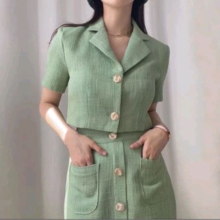 Set dạ xanh mint chân váy dài