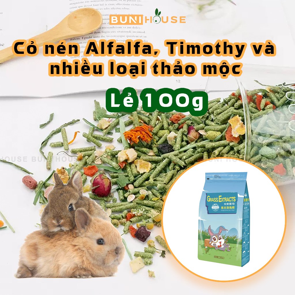 Thức ăn cho thỏ 100g dùng thử Jessie - cỏ nén Alfalfa, Timothy và nhiều thảo dược rau quả giàu chất 