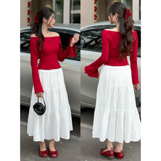 BARE_( Có tách set) Set váy áo trễ vai tay dài phối nơ và chân váy đũi dáng dài phong cách điệu đà_A277, A303, CV051