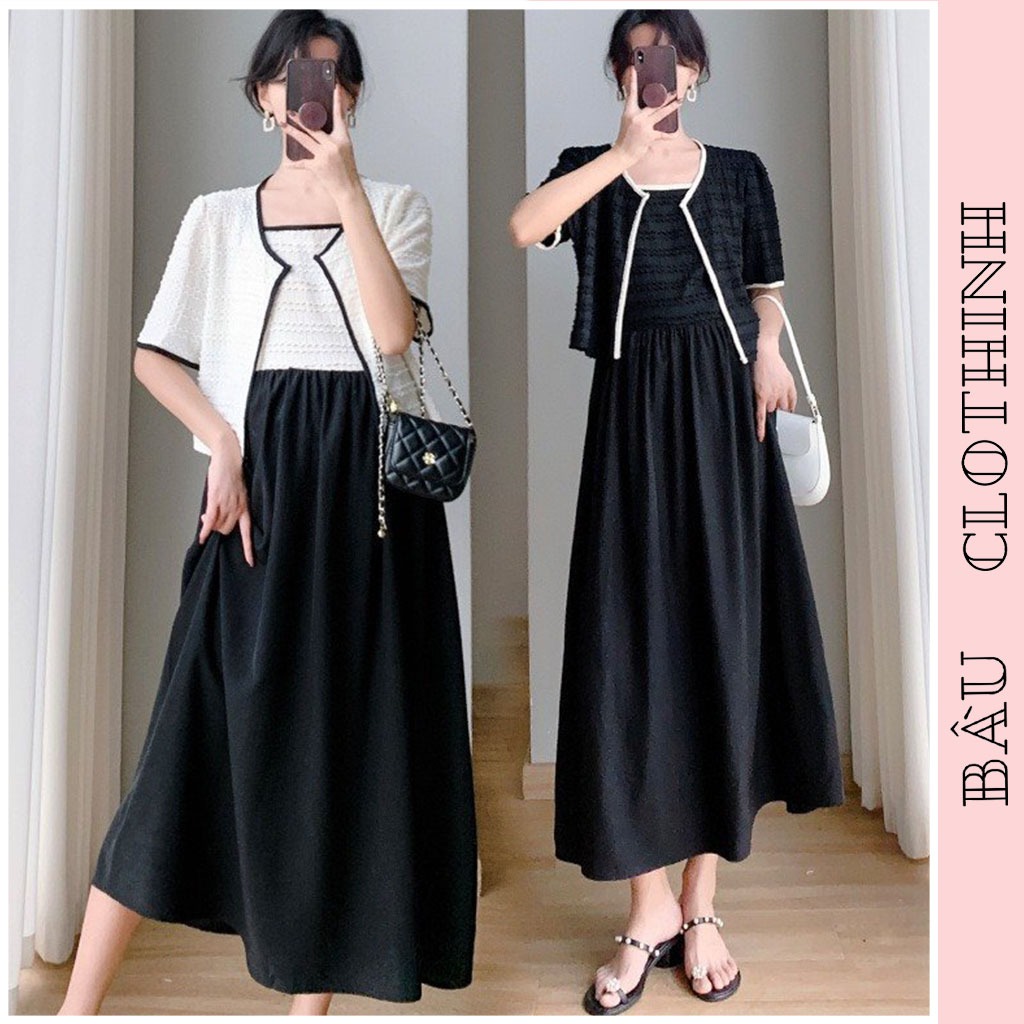 SÉT ĐẦM VÁY BẦU HÈ THU V712 GỒM VÁY DÂY VÀ ÁO KHOÁC DÁNG DÀI FORM RỘNG KIỂU HÀN QUỐC THANH LỊCH - ĐẦM VÁY CÔNG SỞ ĐẸP