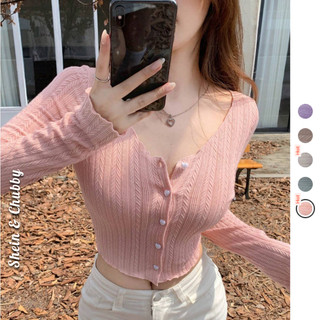   Bigsize 45-75kg   Order  Áo thun croptop nút trái tim tay dài vải thun tăm hoa văn dệt sọc cổ áo chữ V quyến rũ 
