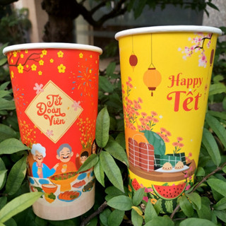 50 Ly giấy, cốc cafe TẾT dùng một lần 22oz ~ 600ml tráng PE cao cấp, hình in sắc nét