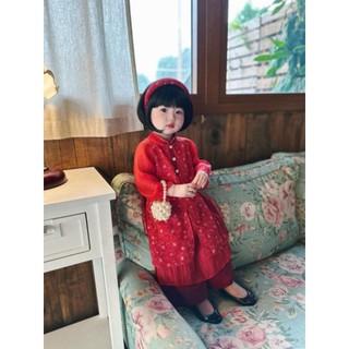 Áo dài đỏ hoa nhí kèm bờm bé gái- c343
