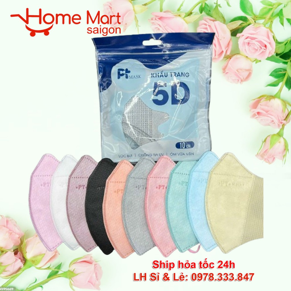 [100 Cái] Khẩu Trang 5D PT Mask Phương Tuyến Vải 4s Kháng Khuẩn Đẹp Mềm Mịn Màu Trắng, Xanh, Xám, Đen, Hồng, Hồng Cam