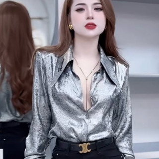 Áo Sơ Mi Tơ Nhũ Nhiều Màu Mỏng Mát Điểm Nhấn Cổ Nhọn Thêu Mặc Buổi Tối Bắt Sáng Nổi Bật Form Suông Giấu Quần