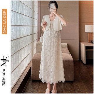 ĐẦM VÁY DỰ TIỆC DÁNG SUÔNG V6713 CHẤT LIỆU REN LÔNG DÁNG DÀI GÔMG VÁY DÂY VÀ ÁO KHOÁC ĐIỆU ĐÀ SANG CHẢNH FREESIZE