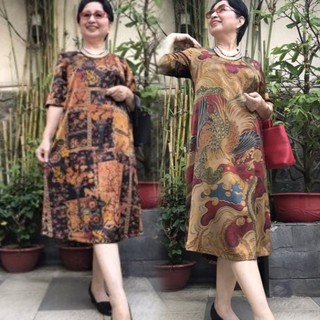 Đủ Size 48Kg - 90Kg - Váy Đầm Trung Niên Vải Lụa Hong Kong Sang Trọng form Suông A Che Bụng.