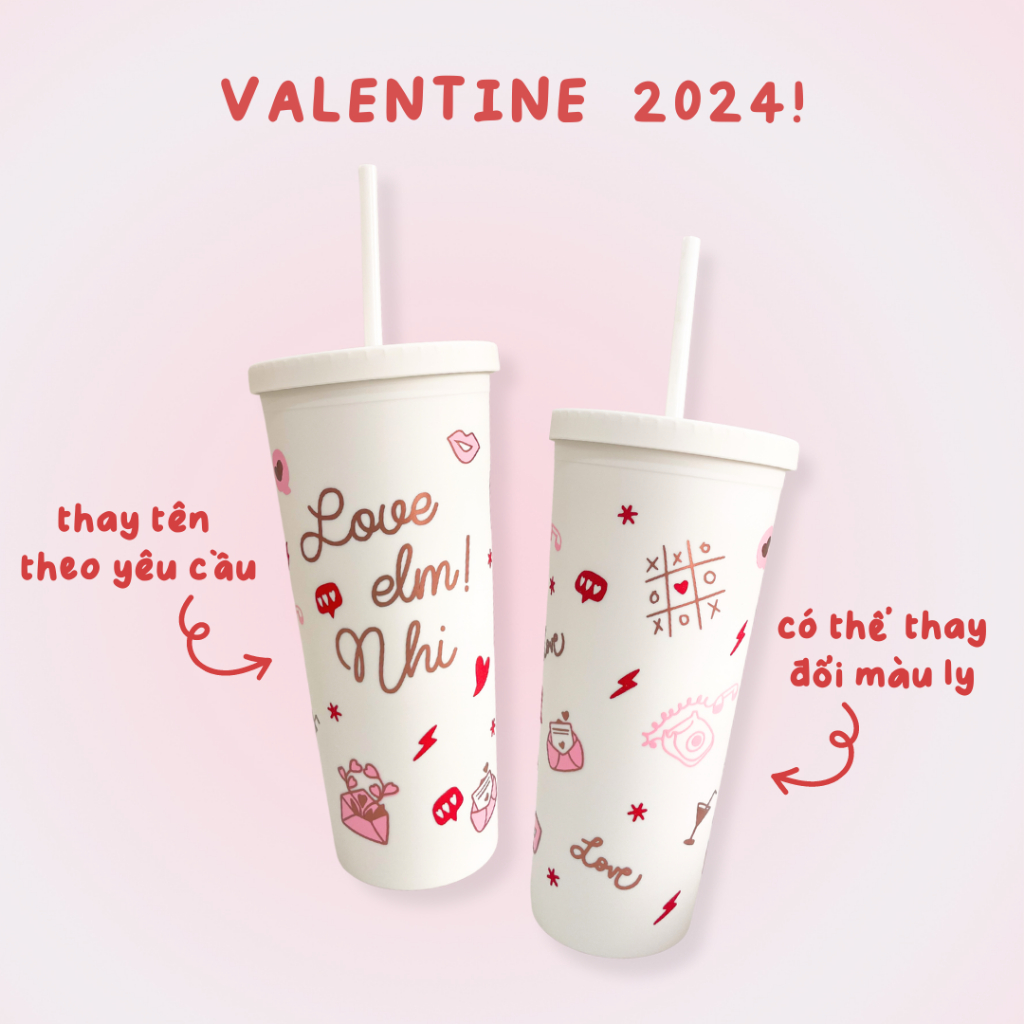 Mẫu Valentine Love elm - Ly Nhựa kèm Ống Hút/ Bình Nước, Ly Nước Giữ Nhiệt Custom Tên