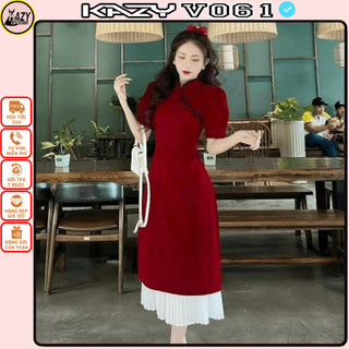 váy nhung cổ tàu cúc lệch siêu xinh vải nhung cứng QC cao cấp, khoá lưng dễ mặc, tay bồng 2 lớp  V061 KAZY DRESS