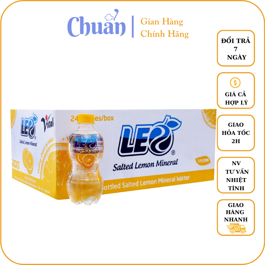 Thùng 24 chai nước khoáng có ga Leo vị chanh muối 350ml. Chuẩn Store 24h.