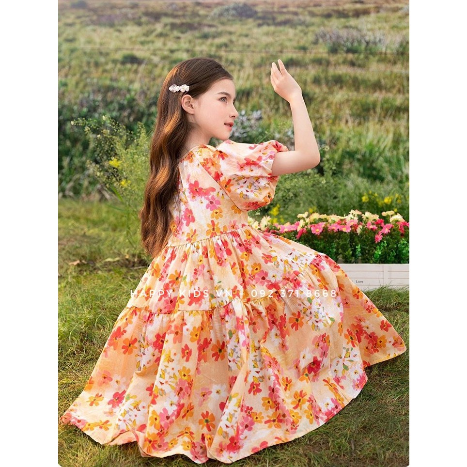 Váy hoa nhí hồng cam cho bé gái từ 8-37kg cao cấp Happy Kids G40