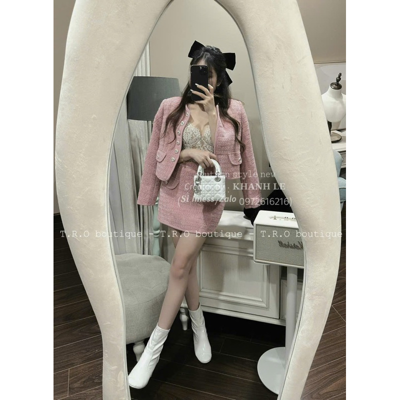 Set váy dạ hồng cho nữ/ set dạ áo khoác khuy đá/ set dạ hồng nắp túi mix chân váy