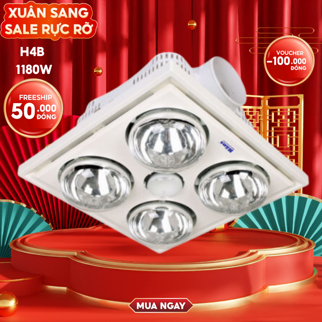 Đèn sưởi âm trần nhà tắm 4 bóng HANS - H4B - 1180W, sưởi ấm, chiếu sáng và hút mùi, công suất 1180W, bảo hành 1 năm
