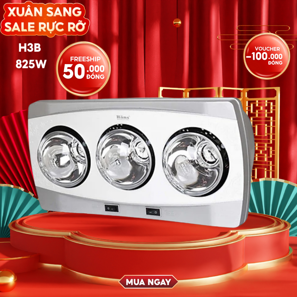 Đèn sưởi 3 bóng treo tường nhà tắm HANS H3B - 825W - Sưởi ấm nhanh, an toàn, bóng chịu nước, không gây cháy nổ