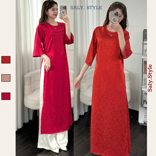 Set áo dài suông SALY tà dài lụa hoa nổi phối cúc bọc kèm quần Aodai2247_P10K5