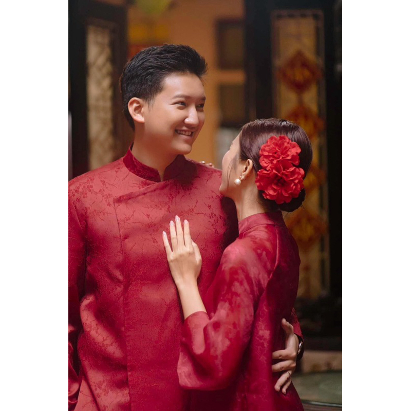 áo dài nam gấm hoa mai đô tươi dày cao cấp đẹp sang