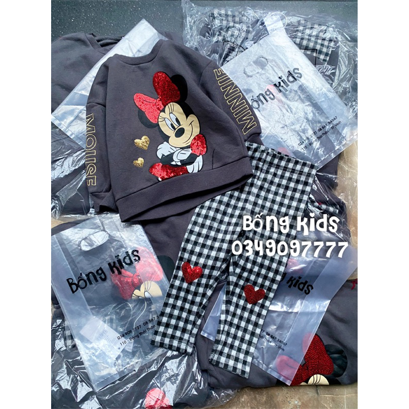 Bộ Nỉ Legging Bé Gái Minnie Sequin Xám Grg