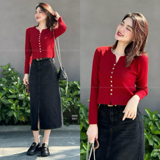  Áo Len dài tay dệt kim Quảng Châu cổ V khuy giữa dày dặn 