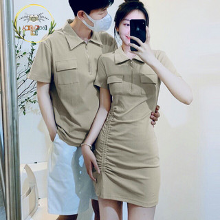 Set đầm thun đôi túi sơmi trang trí kem nhạt dễ thương