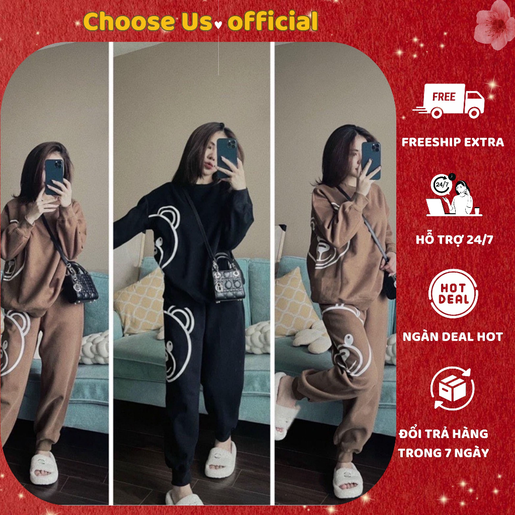 Bộ nỉ nữ thu đông hình in con gấu cao cấp, set đồ nữ thu đông chất vải nỉ bông phù hợp thời tiết mùa lạnh CS026